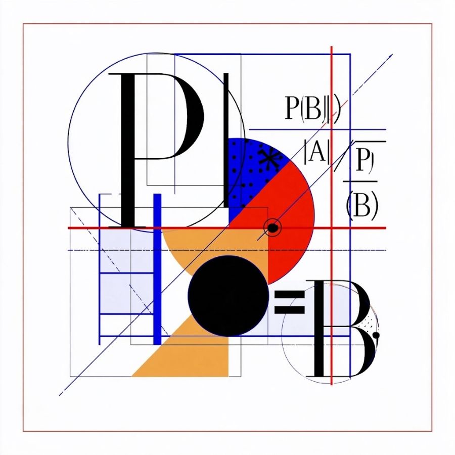 Abstract Bauhaus-style composition of Bayes' formula in black type, red, blue and orange shapes.