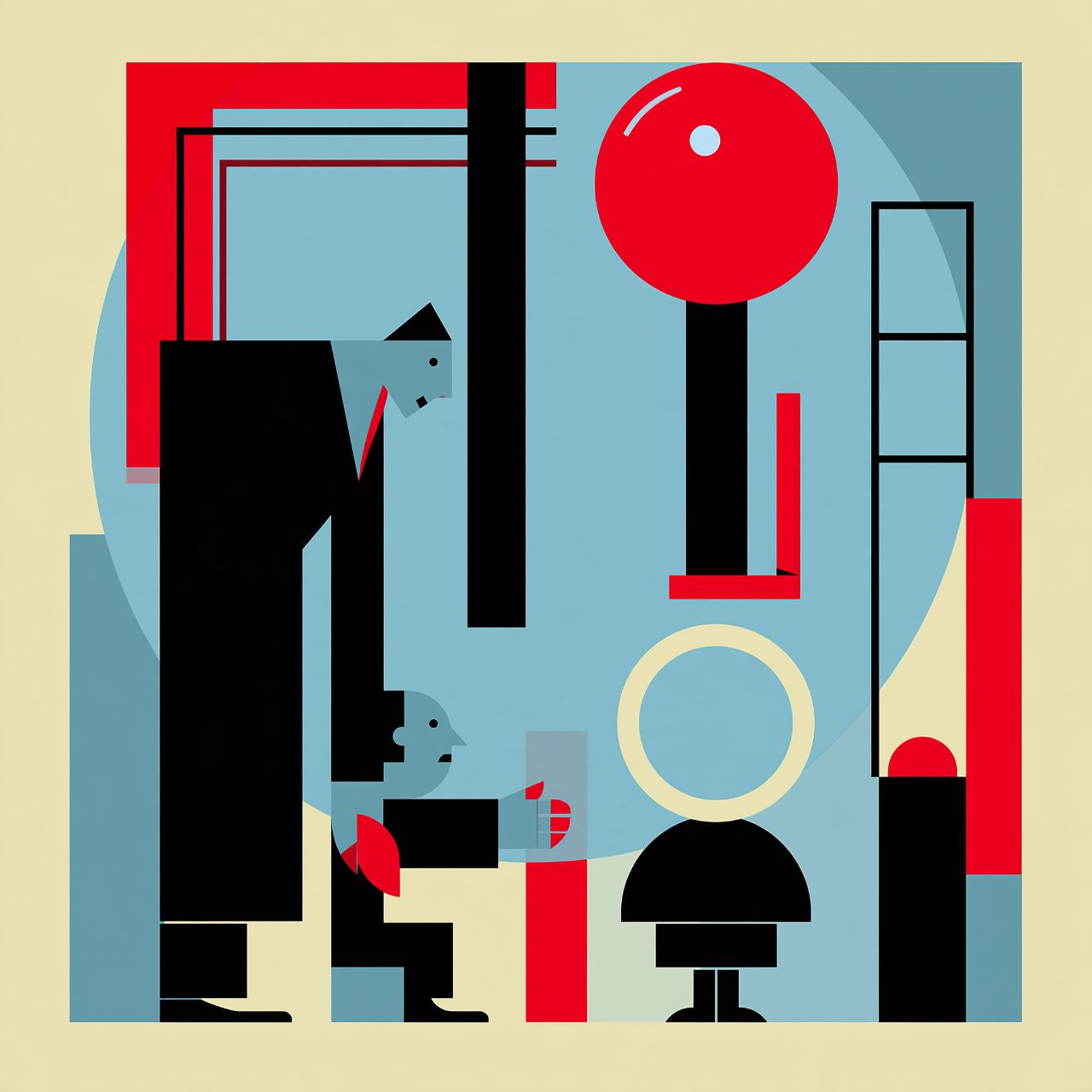 Geometric scene in red, black and blue: a tall figure bending to hand something to a small seated figure, beside a red sphere on a post.