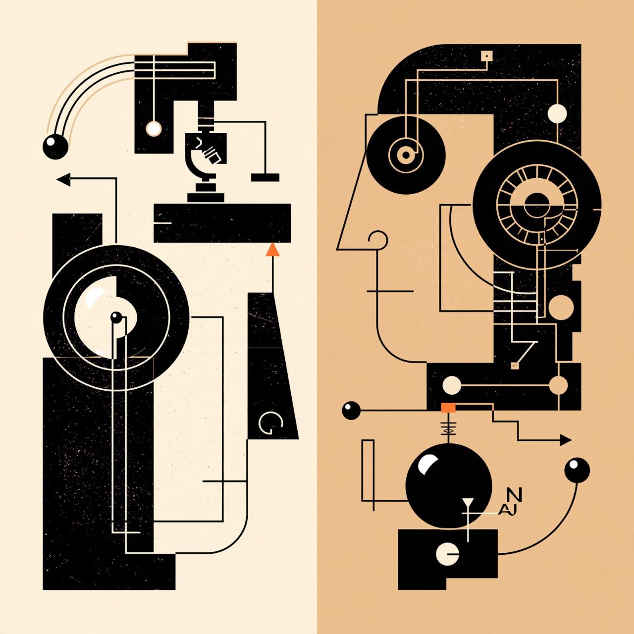 Two geometric profiles built from machinery, one against a pale ground and one against tan, facing each other.